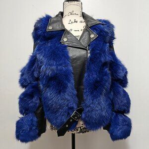 New Real Fox Fur Lamb Leather Jacket Blazer Midnight Royal Blue Black No Mink